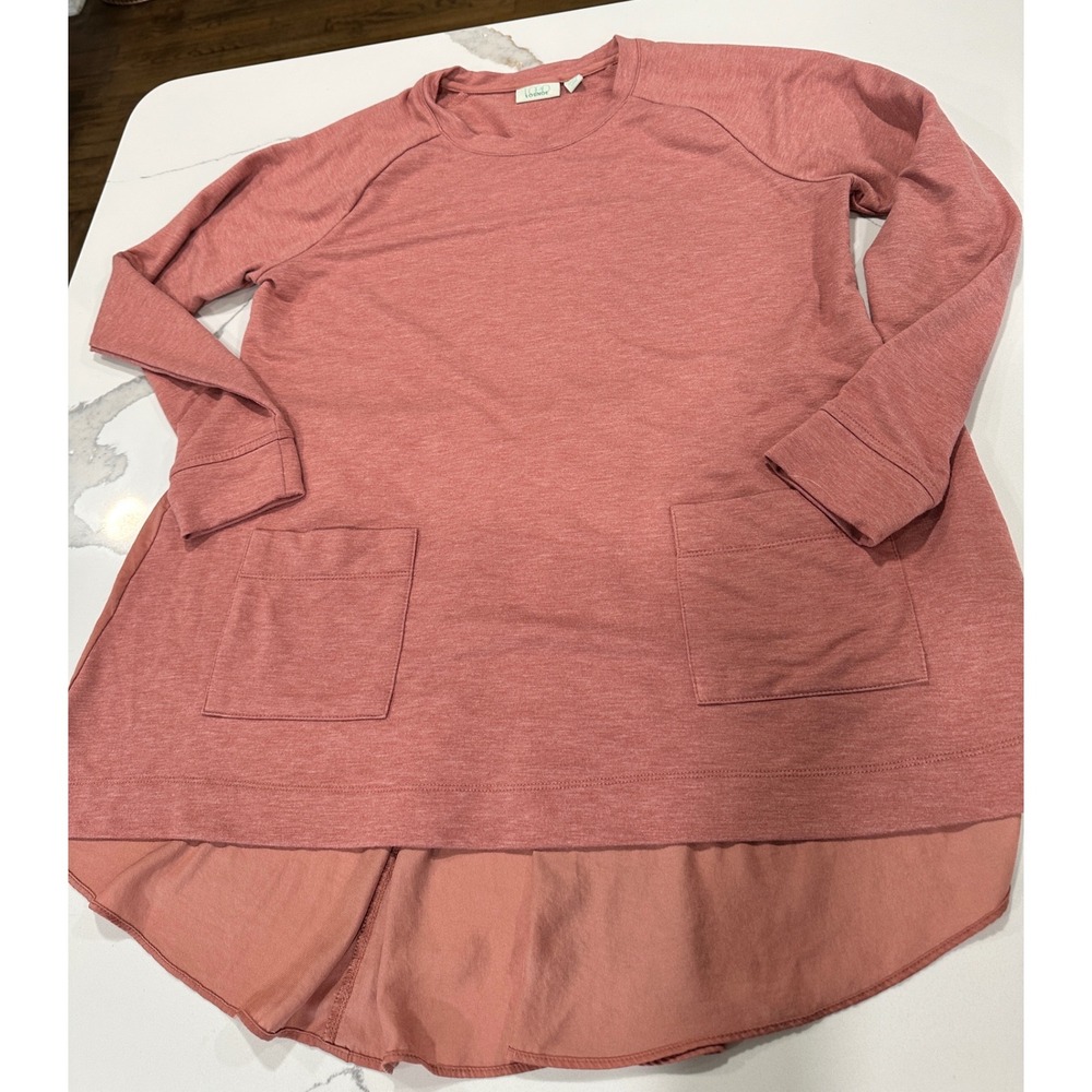 LOGO Lounge Lori Goldstein Women Rose Pink Knit Tunic Top Mixed Media Pockets M
